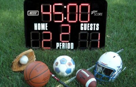 score display for sports with baseball and glove, basketball, soccer ball, bat, hockey stick, football and football helmet